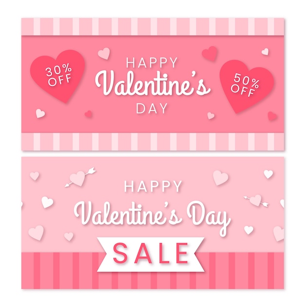 Vecteur gratuit ensemble de bannières horizontales de style papier pour la vente de la saint-valentin