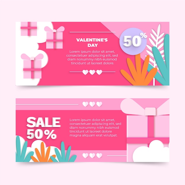 Vecteur gratuit ensemble de bannières horizontales de style papier pour la vente de la saint-valentin