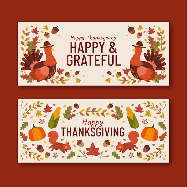 Vecteur gratuit ensemble de bannières horizontales de thanksgiving dessinés à la main
