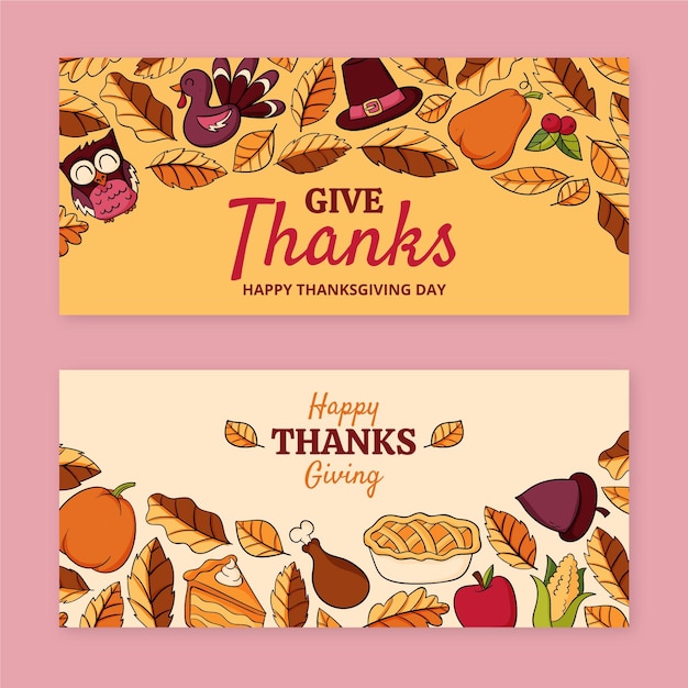 Ensemble de bannières horizontales de thanksgiving dessinés à la main