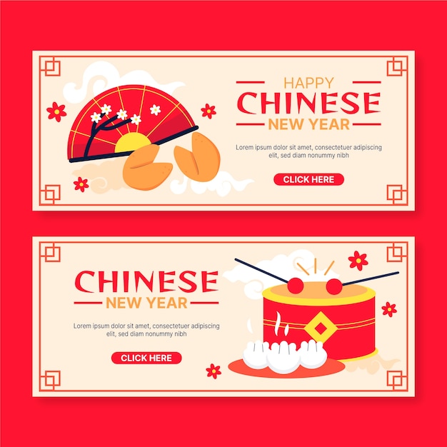 Vecteur gratuit ensemble de bannières horizontales de vente plat nouvel an chinois