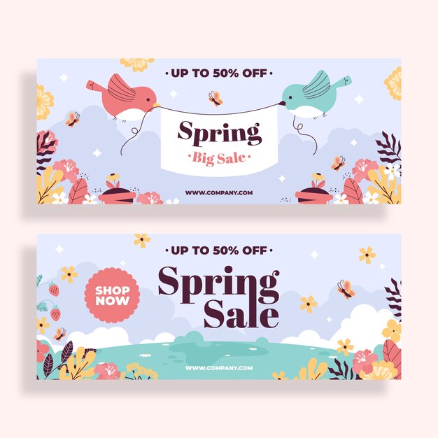 Ensemble de bannières horizontales de vente de printemps plat