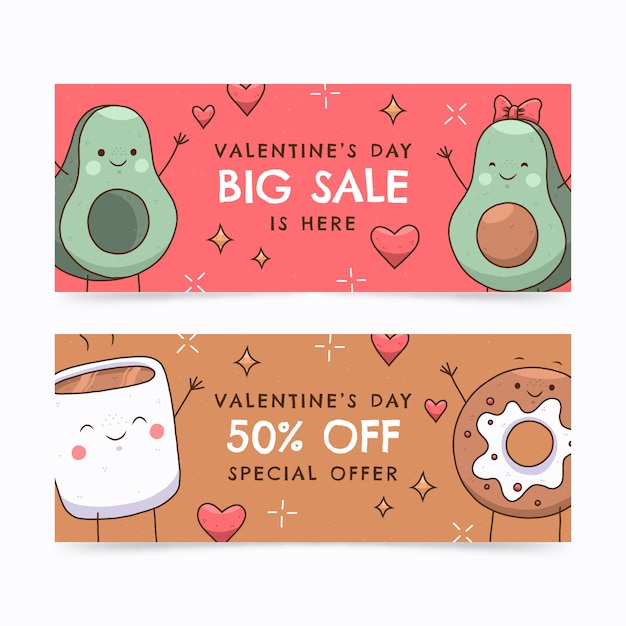 Vecteur gratuit ensemble de bannières horizontales de vente de saint valentin dessinés à la main