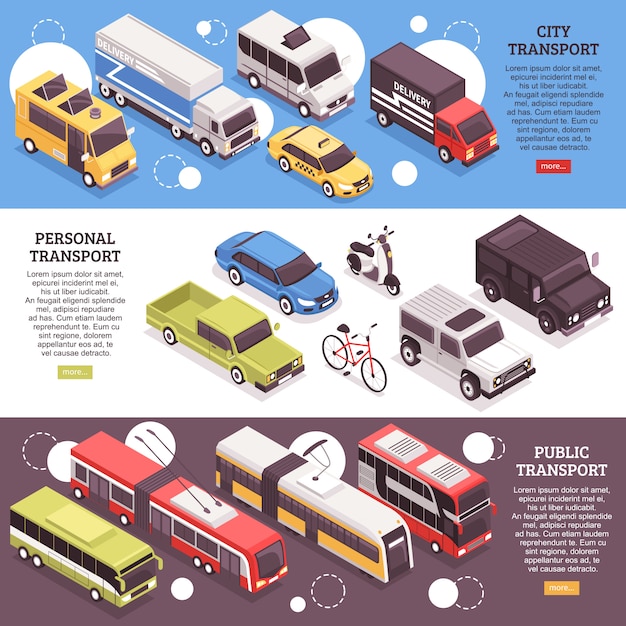 Vecteur gratuit ensemble de bannières isométriques horizontales transporteurs urbains, véhicules personnels et transports publics