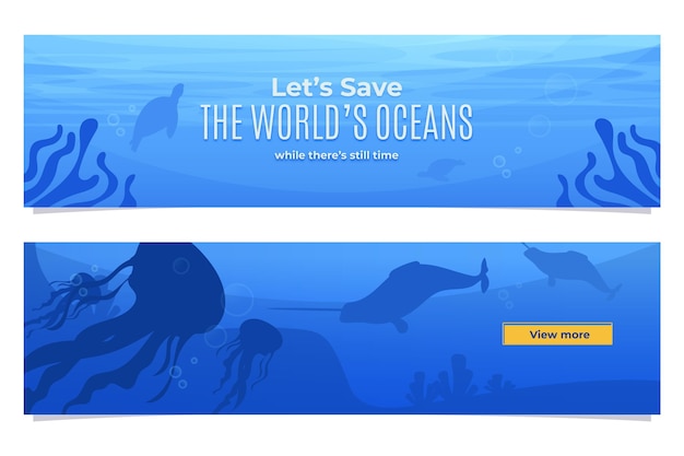 Vecteur gratuit ensemble de bannières de la journée des océans du monde plat organique
