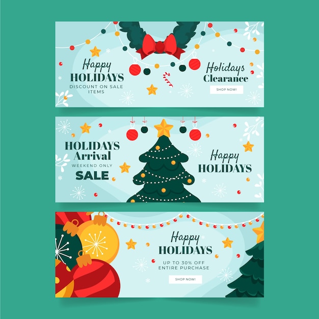 Ensemble de bannières de noël plat joyeuses fêtes dessinés à la main
