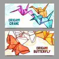 Vecteur gratuit ensemble de bannières origami et grues