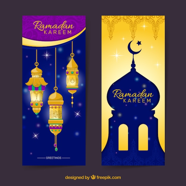 Ensemble De Bannières De Ramadan Avec Des Lampes Et Une Mosquée