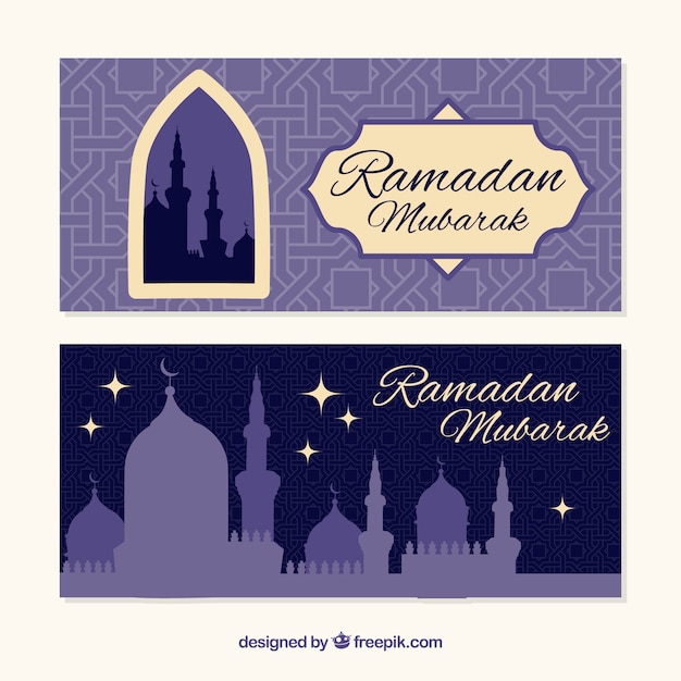 Vecteur gratuit ensemble de bannières de ramadan avec des mosquées dans un style plat