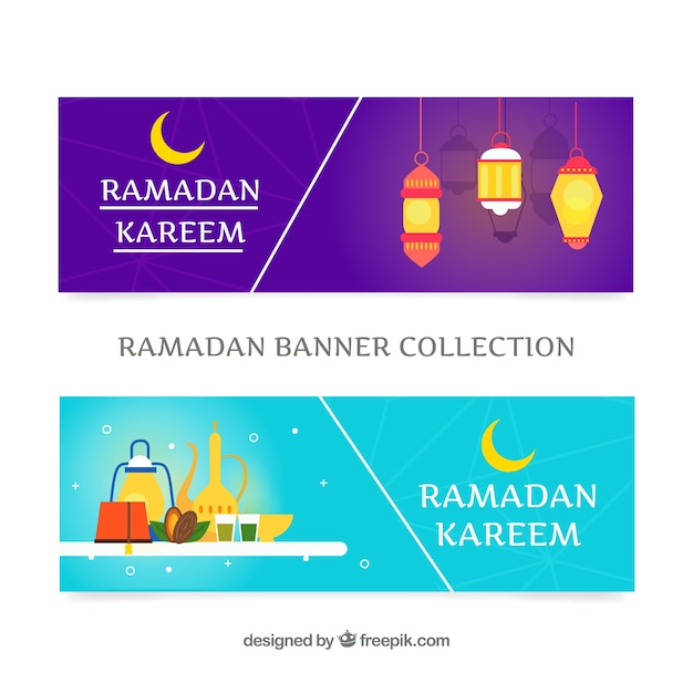 Vecteur gratuit ensemble de bannières de ramadan avec des ornements