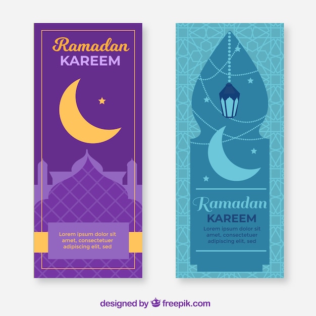 Ensemble De Bannières De Ramadan Avec Vue Sur La Lune Et La Mosquée