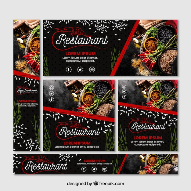 Vecteur gratuit ensemble de bannières de restaurant avec photo