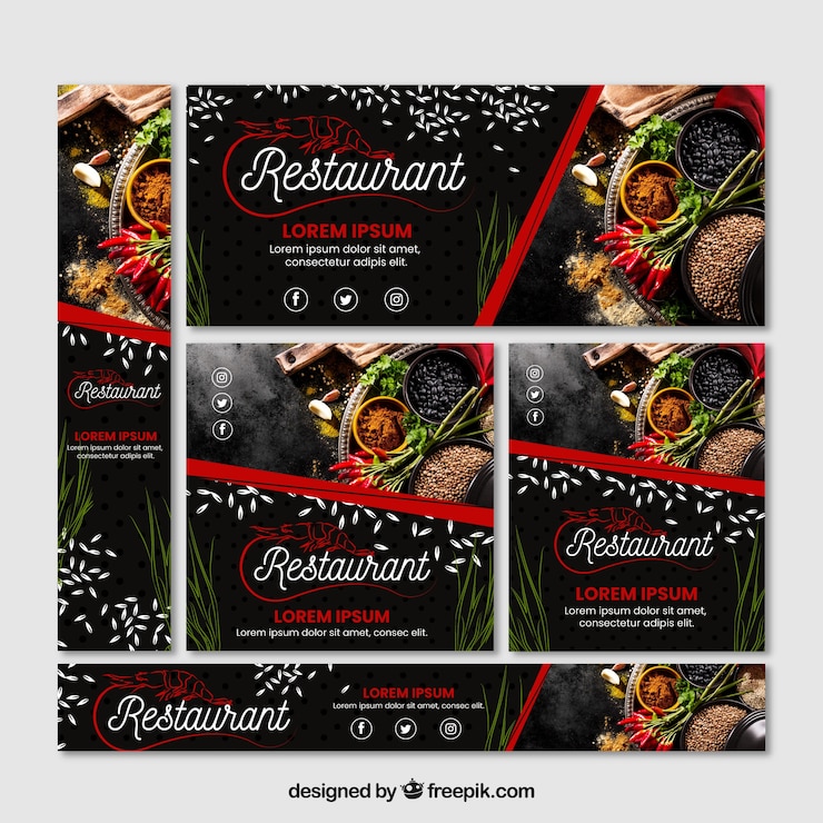 Vecteur gratuit ensemble de bannières de restaurant avec photo