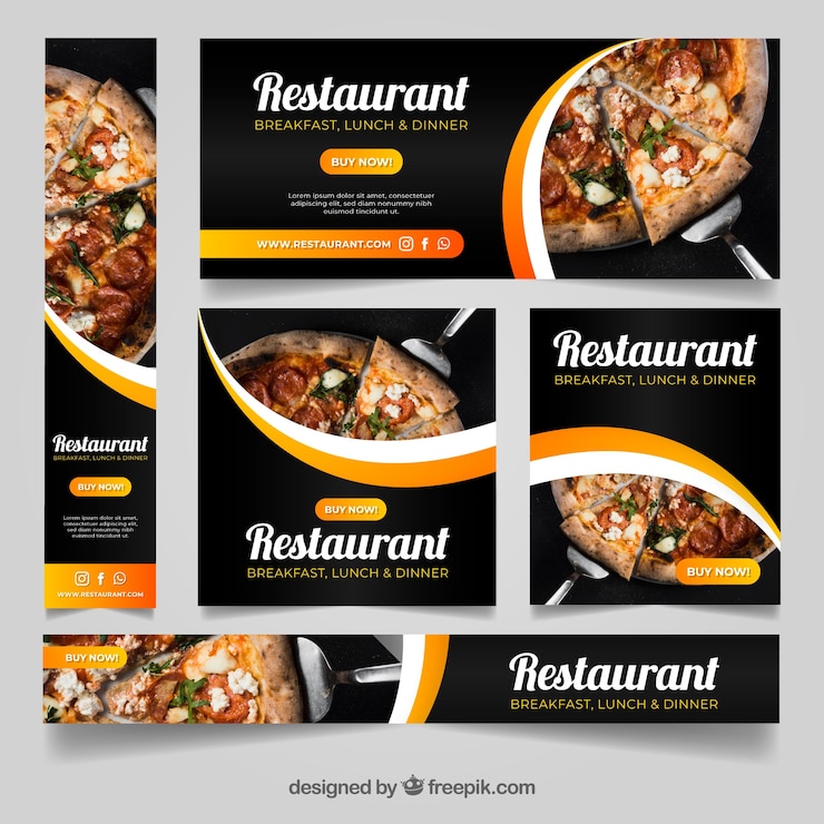 Vecteur gratuit ensemble de bannières de restaurant avec photo