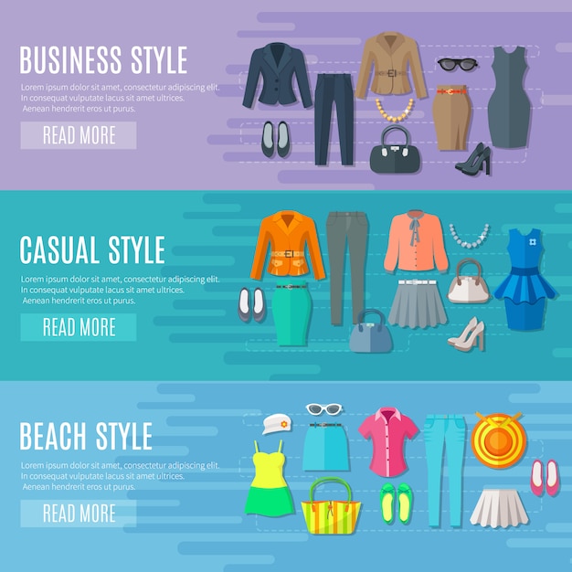 Vecteur gratuit ensemble de bannières de styles de mode ensemble de vêtements de plage et femme décontractée