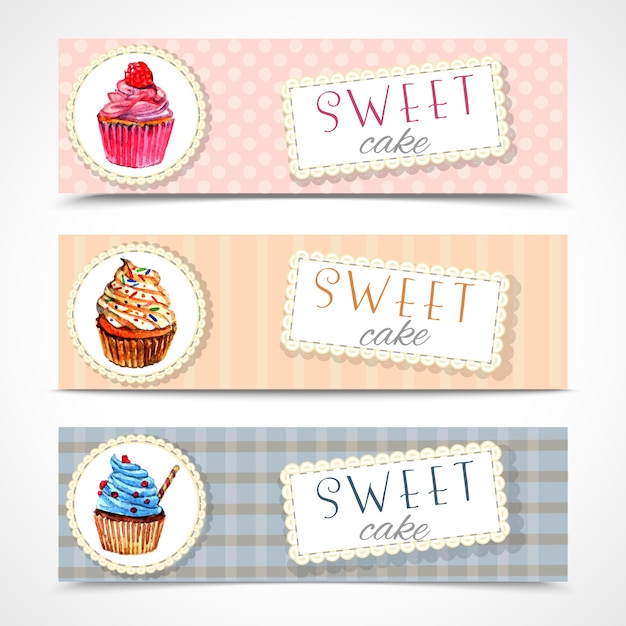 Vecteur gratuit ensemble de bannières sweetshop cupcakes