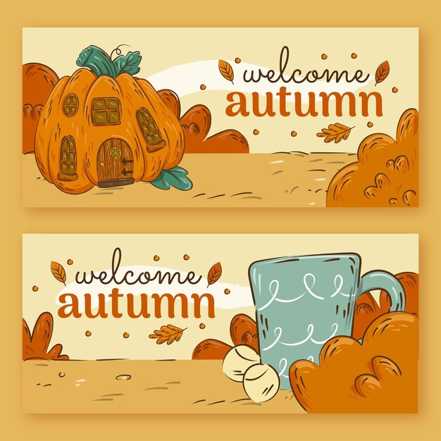 Ensemble de bannières de vente d'automne horizontales dessinées à la main