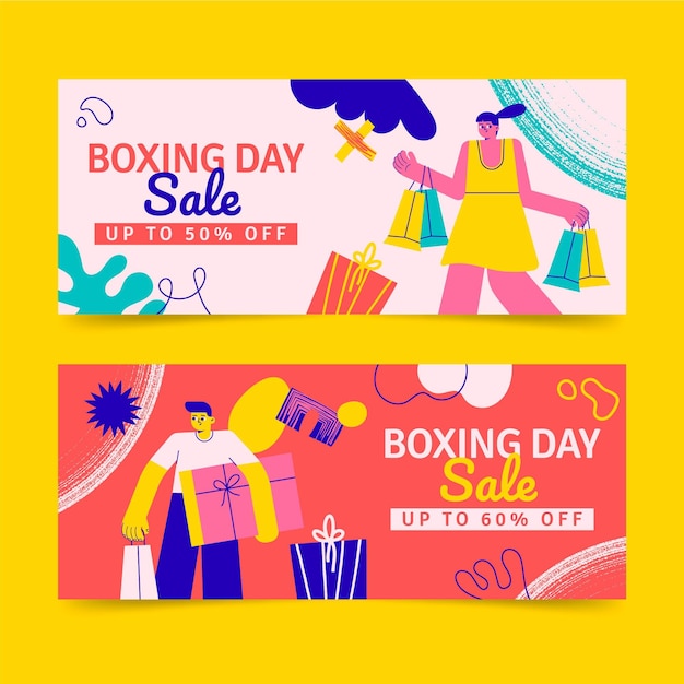 Ensemble De Bannières De Vente De Boxe Horizontal Dessinés à La Main