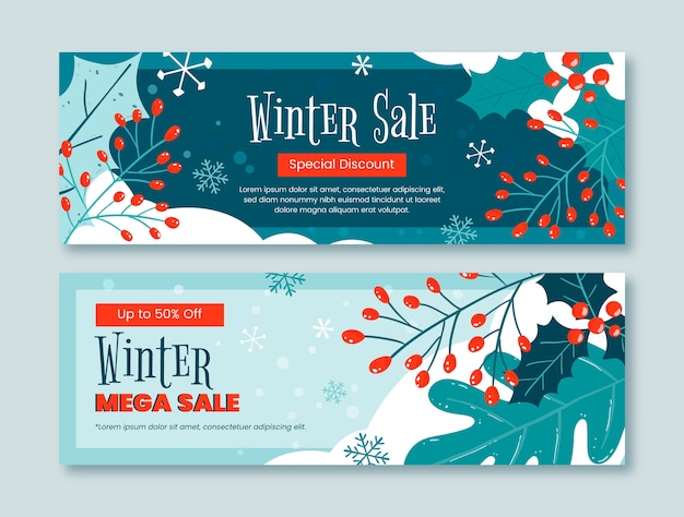 Vecteur gratuit ensemble de bannières de vente horizontales de célébration de la saison d'hiver plat