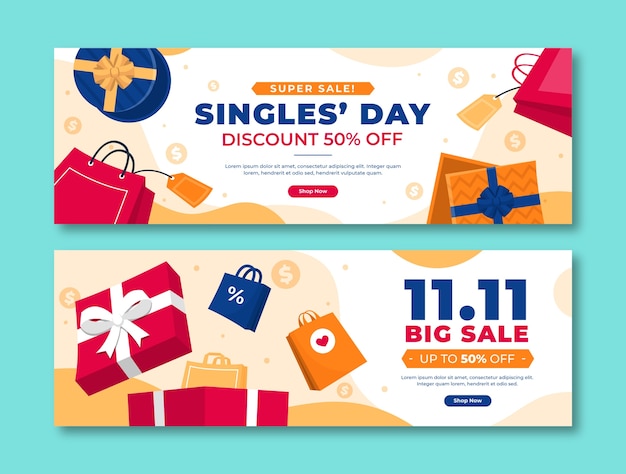 Vecteur gratuit ensemble de bannières de vente plat 11.11 shopping day