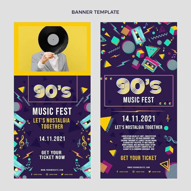 Vecteur gratuit ensemble de bannières verticales de festival de musique nostalgique plat des années 90