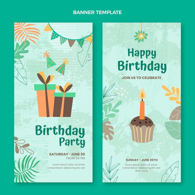 Vecteur gratuit ensemble de bannières verticales de fête d'anniversaire jungle dessinés à la main