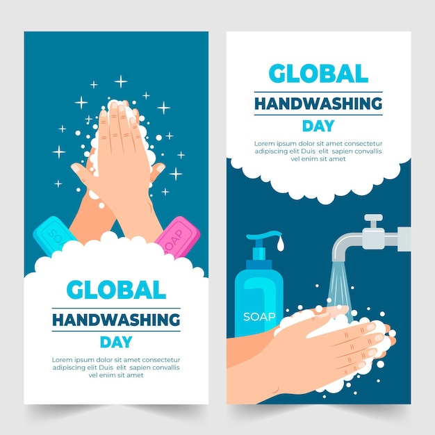 Vecteur gratuit ensemble de bannières verticales pour la journée mondiale du lavage des mains à plat dessinés à la main