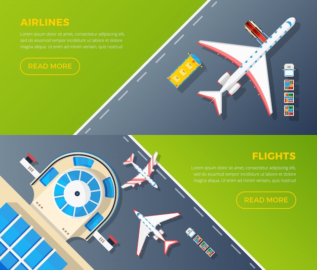 Vecteur gratuit ensemble de bannières avec vue sur l'aéroport