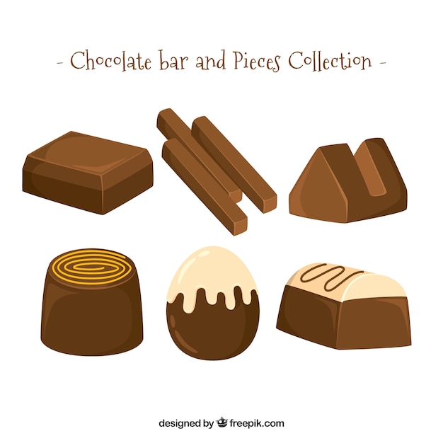 Ensemble de barres et de morceaux de chocolat délicieux