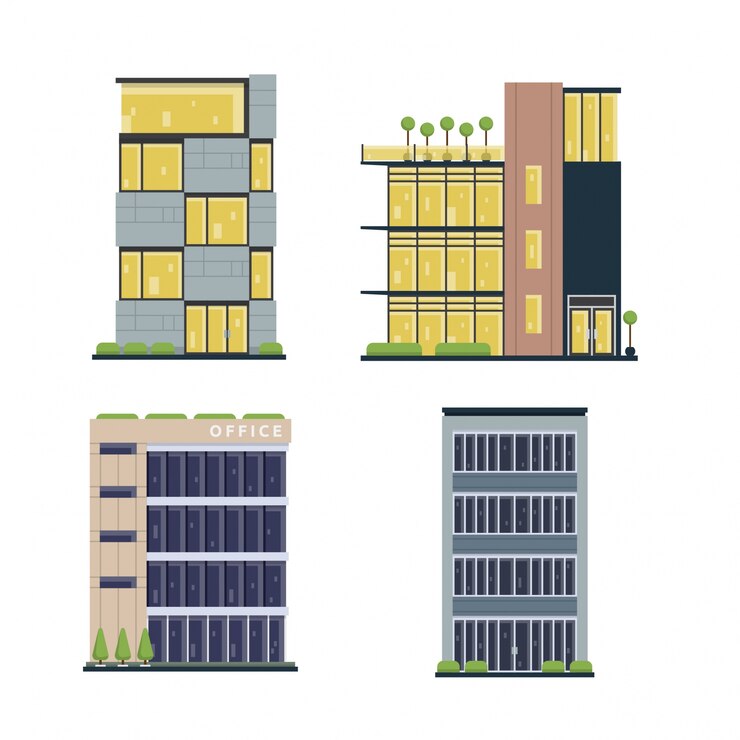 Vecteur gratuit ensemble de bâtiment de bureau commercial plat moderne