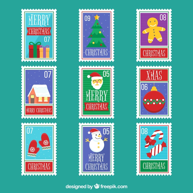 Vecteur gratuit ensemble de beaux timbres de noël