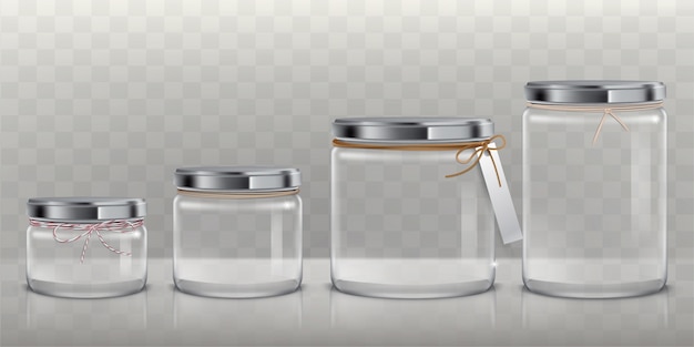 Vecteur gratuit ensemble de bocaux en verre transparents vectoriels pour le stockage de produits alimentaires, de conserves et de conserves,