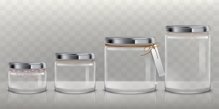 Vecteur gratuit ensemble de bocaux en verre transparents vectoriels pour le stockage de produits alimentaires, de conserves et de conserves,