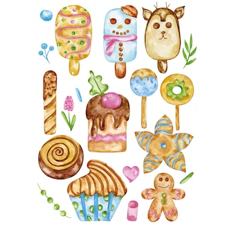 Ensemble de bonbons aquarelle main dessiner des biscuits cupcakes crème glacée boulangerie pain d'épice dessert malades