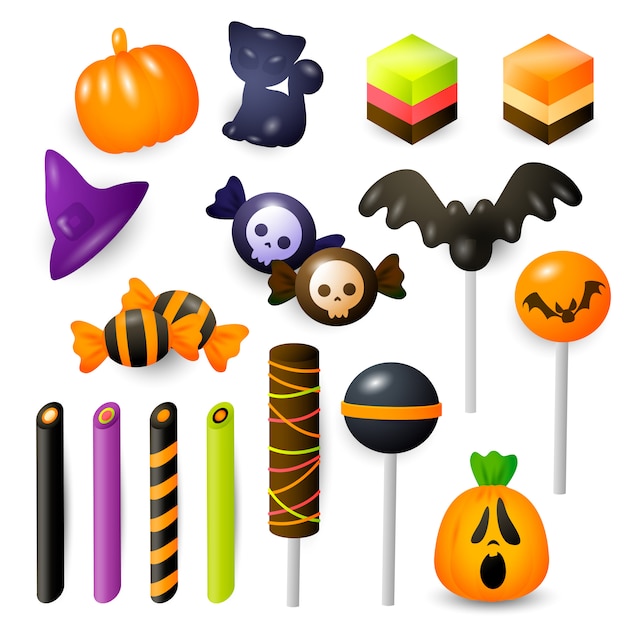 Vecteur gratuit ensemble de bonbons et bonbons d'halloween