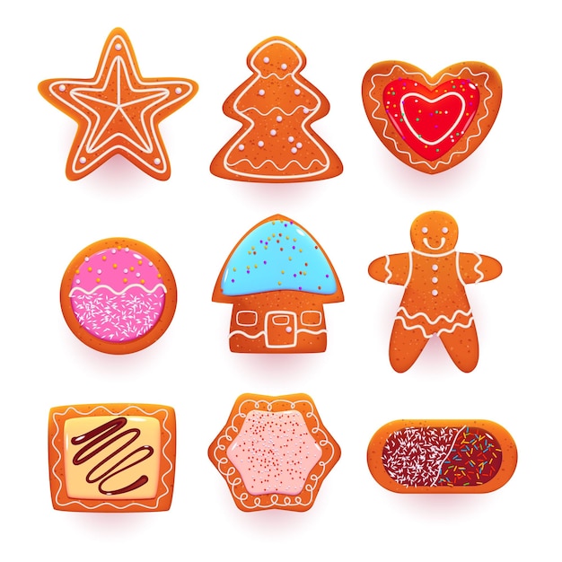 Vecteur gratuit ensemble de bonbons de dessin animé de biscuits de pain d'épice