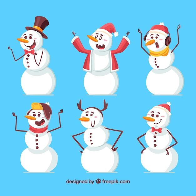 Vecteur gratuit ensemble de bonhommes de neige dans différentes poses
