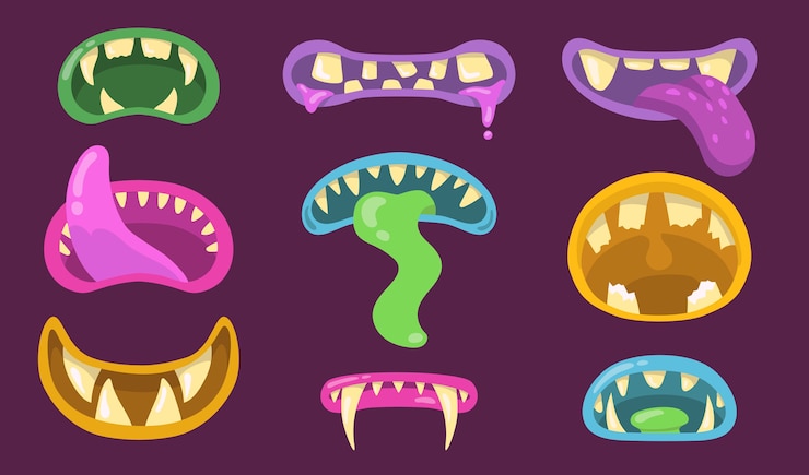 Vecteur gratuit ensemble de bouches de monstres effrayants. des lèvres avec des mâchoires minces et horribles, des dents, une gorge et des langues de gobelin, de gremlin, de trolls. illustration vectorielle pour les concepts de créatures d'halloween, modèles d'autocollants de fête