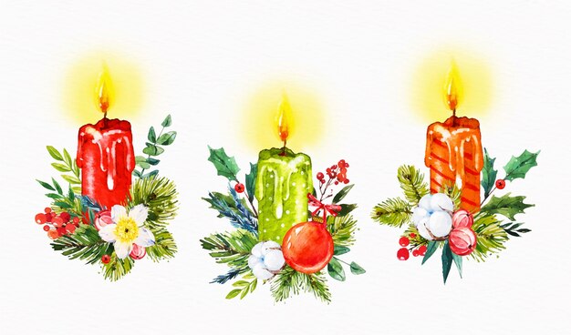 Ensemble de bougies de Noël aquarelle