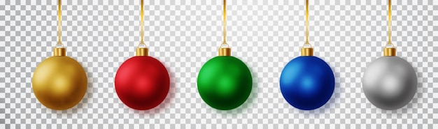 Vecteur gratuit ensemble de boule de noël réaliste ensemble de boules de noël de différentes couleurs isolé sur fond transparent décorations de noël