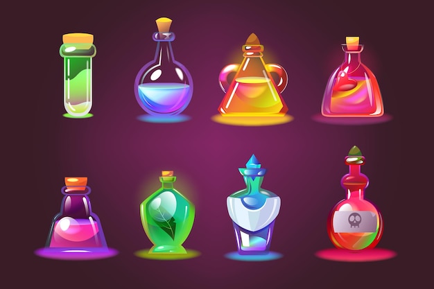 Ensemble de bouteilles de potions magiques. Bocaux de dessin animé avec élixir d'amour, flacons chimiques en verre avec bouchons sur fond violet foncé.