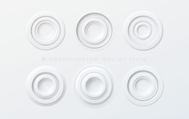 Un ensemble de boutons ronds volumétriques blancs dans le style du newmorphisme isolé sur fond blanc