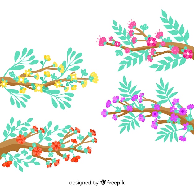 Vecteur gratuit ensemble de branches et de fleurs colorées