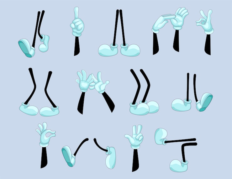Vecteur gratuit ensemble de bras et de jambes drôles. poignets de dessin animé dans des gants blancs avec divers gestes, pieds de debout, danse, personnage marchant. illustration de bande dessinée