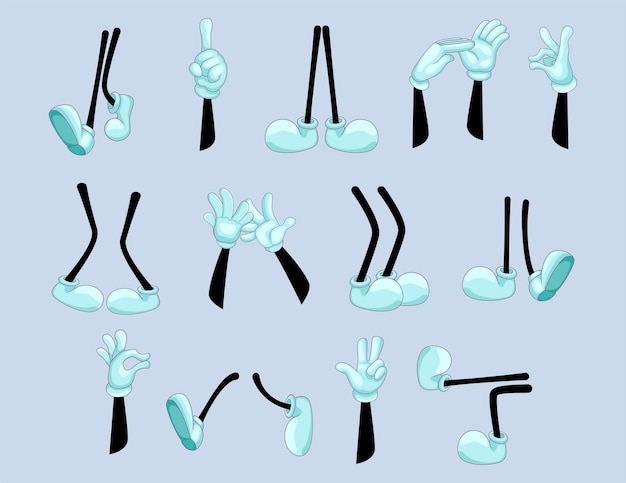 Ensemble de bras et de jambes drôles. Poignets de dessin animé dans des gants blancs avec divers gestes, pieds de debout, danse, personnage marchant. Illustration de bande dessinée