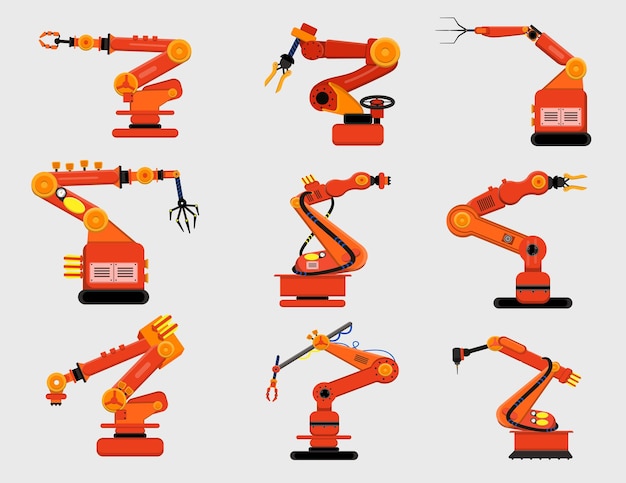 Vecteur gratuit ensemble de bras robotiques. diverses griffes mécaniques, fabrication de robots isolés sur blanc. illustration de bande dessinée