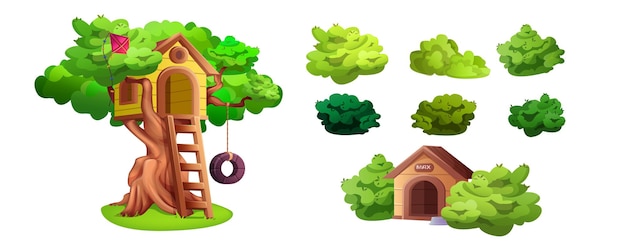 Vecteur gratuit ensemble de buissons de jardin vert de cabane dans les arbres et d'éléments de dessin animé isolés de niche cabane dans les arbres avec cerf-volant d'échelle en bois et balançoire de pneu pour jouer aux enfants place pour les jeux et les activités des enfants en été