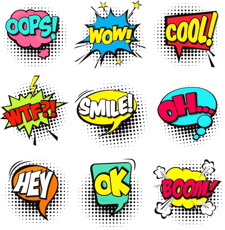 Vecteur gratuit ensemble de bulles de discours de bande dessinée numéros de dialogue avec illustration de mot et de son