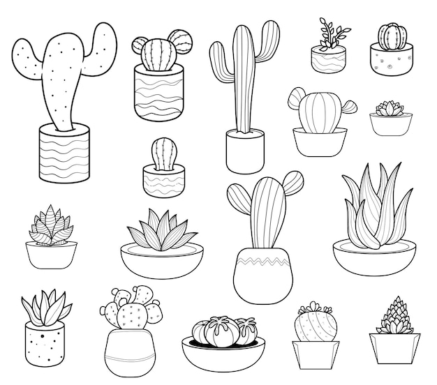 Vecteur gratuit ensemble de cactus cactus calendrier ligne art doodle illustration