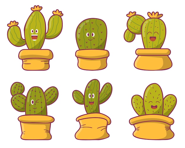 Vecteur gratuit ensemble de cactus mignon en pot avec forme verious et émotion dessin en style cartoon isolé sur illustration vectorielle fond blanc